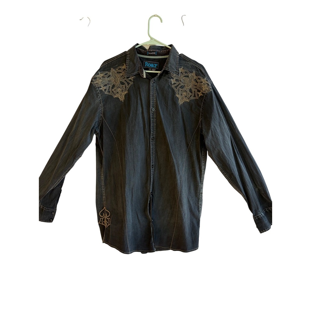 Roar Signature Passenger Mens XL Black Embroidered Button Down Shirt W51924‎